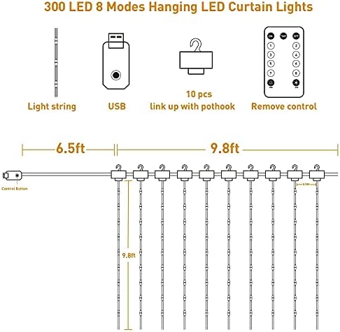 300 luzes de cortina de LED com 8 modos, 9,8ftx9.8ft Luzes de casamento diminuídas com luzes