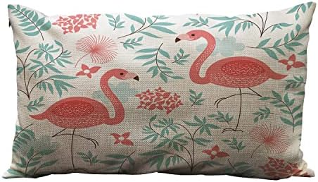 Wozukia Pink Flamingo Tampa de travesseiro de arremesso em pé em folhas verdes e flores vermelhas