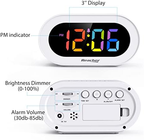 Reacher pequeno despertador digital led colorido com soneca, simples de operar, brilho de alcance