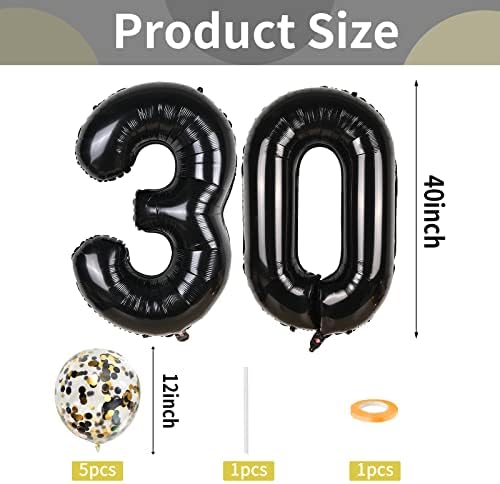 Número preto de 30 balões, número 30 balões, 40 polegadas pretas de 30º aniversário balões com balão de confete,