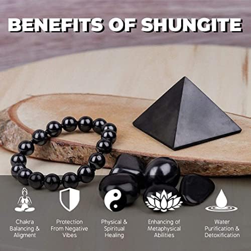 Heka Naturals polido pirâmide de shungita, pulseira elástica e placa de telefone retangular | Decoração
