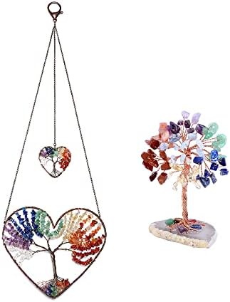 Pacote Jovivi - 2 itens Double Heart Tree of Life pendura Ornamento 7 Chakra Reiki Cristais de cura
