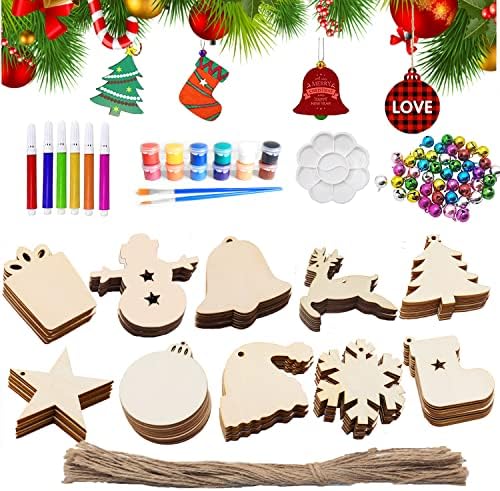 50 PCs Ornamentos de Natal de madeira 10 estilos artesão Decorações de árvores de Natal inacabadas Kit DIY