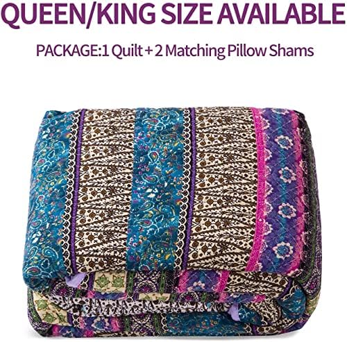 Qucrover Qucover Bohemian Blue listrado conjunto de quilt size queen, 3 peças algodão boho colcha de colcha