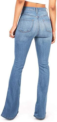 Jeans de flare para mulheres jeans de bolso largo de cintura larga calça de botão magro