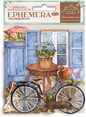 Cardstock de cartão de Stamperia efêmer Adesivo Corte Criar Felicidade Bem -vindo a Casa Bicicleta