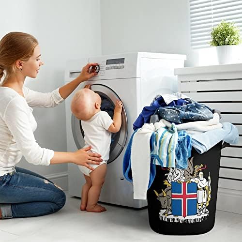 Brasão de braços da cesta de lavanderia da Islândia com alças redondas de lavanderia dobrável cesta de armazenamento