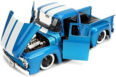 Just Trucks 1:24 1956 Ford F-100 Die Cast Car Blue/White Stripes com rack de pneus, brinquedos para crianças