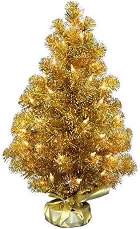 Vickerman 2 'Gold Tinsel Artificial Christmas Tree, Luzes incandescentes claras e iluminadas - Árvore de