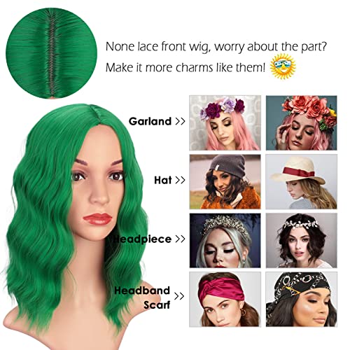 Peruca verde earfodo para mulheres curtas curtas onduladas de peruca ondulador na altura do ombro colorido