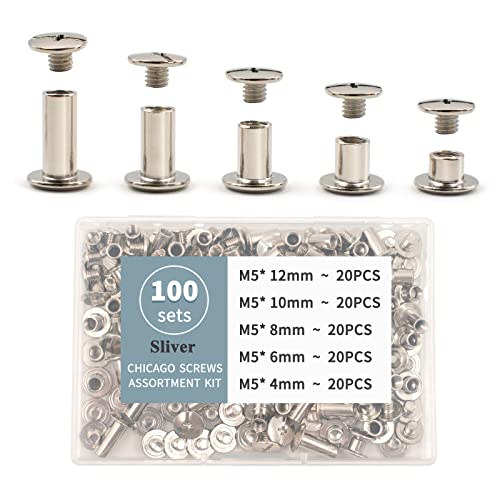 100 conjuntos parafusos de chicago kit variado redondo de cabeça plana m5 post post botão de metal prateado decorar