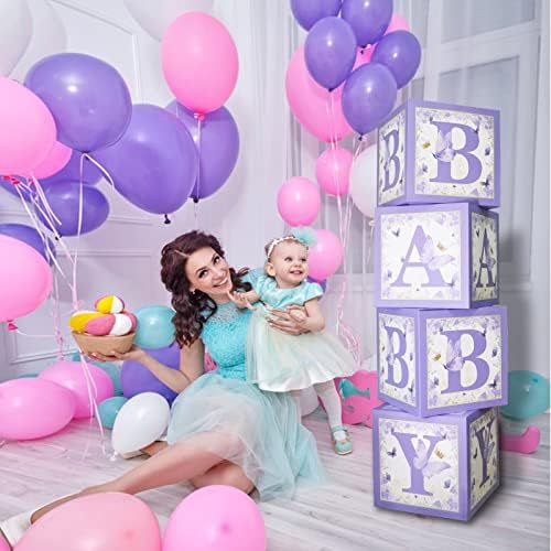 4 Purple Butterfly Baby Boxes Decorações com letras para bebês para o chuveiro de menino, atualize a decoração