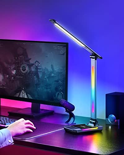 Wilit LED RGB Gaming Desk Lamp, Voz ativada Mudança de cores Rhythm Light com carregador sem fio e porta
