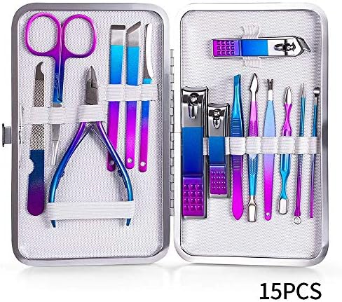 SKM 7-15 peças Manicure Conjunto de unhas Pedicure Pedicure Aço inoxidável Rainbow Cutter unhas Scissor Kit de unhas