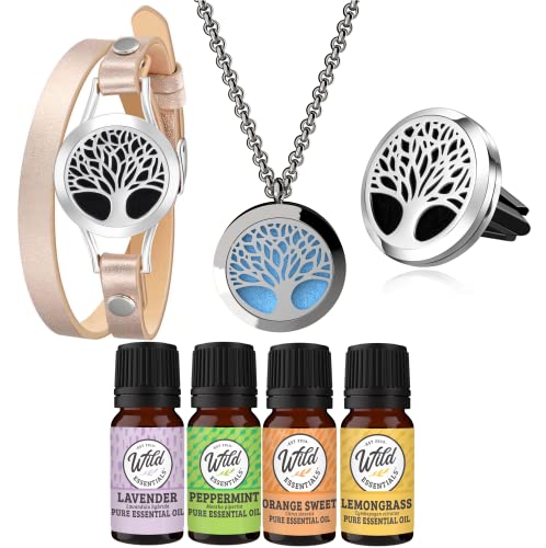 Wild Essentials Tree of Life Kit de pacote de difusores pessoais - inclui colar de 24 , pulseira de couro e difusores