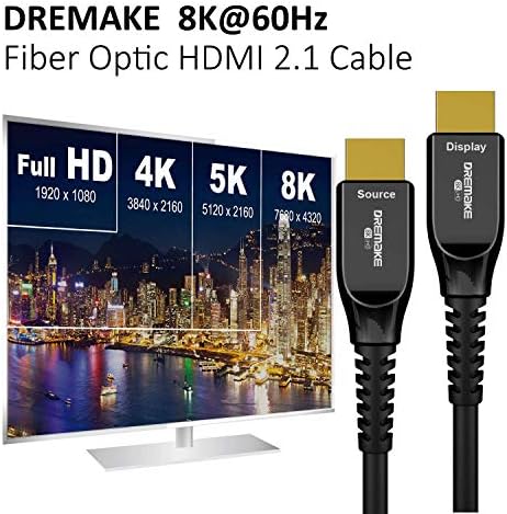 Dremake 8k AOC Fibra óptica HDMI UHD HDR 8K 48Gbps, 15m 8k@60Hz 4K@120Hz HDMI de alta velocidade HDMI 2.1 Suporte