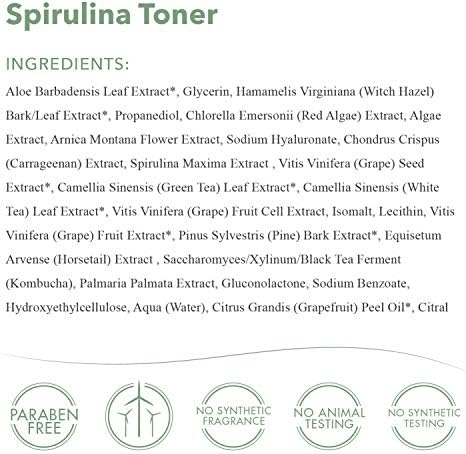 Toner de Spirulina Organics Spirulina - Toner e eficaz para o rosto com face com células -tronco da planta + avelã