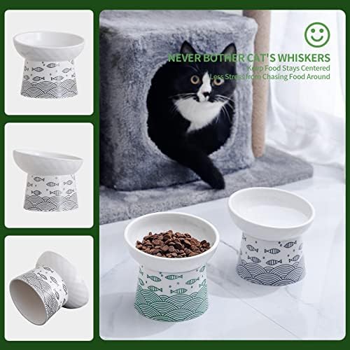 Conjunto de tigela de gato elevada de Aomryom, tigelas de alimentador de cerâmica inclinadas para gatos e cães pequenos, porcelana elevada prato de estimação, sem estresse, verde e preto, conjunto de 2