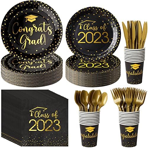 Placas de graduação em preto e dourado conjuntos de guardanapos, classe descartável de 2023, conjunto de jantares