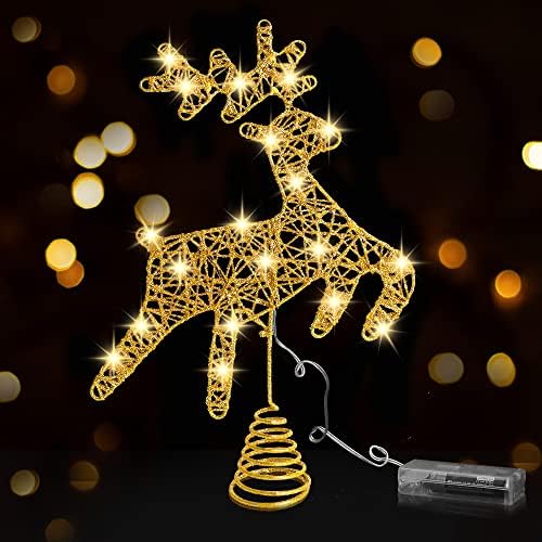 Joicee Christmas Reindeer Tree Topper, Christmas Gold Hollow Glitter Tree Topper com luzes LED