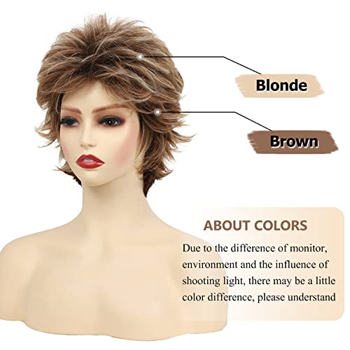 Sevencolors Wigs Curly Brown Curly com franja marrom marrom misto loiro pixie curta perucas para mulheres