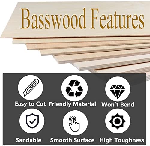 Lençóis de basswood inacabados de 16 peças 11,8 x 11,8 polegadas, lençol de madeira fino de 1/16 ”de 2 mm para