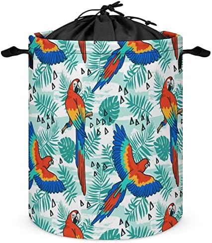 Folhas tropicais e papagaio pássaros cestas de lavanderia redonda cesta dobrável cesta de lavanderia