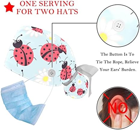 2 Pacote de tampas de trabalho com botão, Red Ladybug Pattern Bouffant Scrub Hats Women Long Hair
