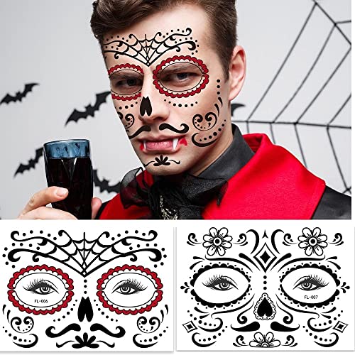 Halloween Face Tattoo Day of the Dead Face Makeup Tattoos Decor Stickers Black Skeleton Web Skull Floral