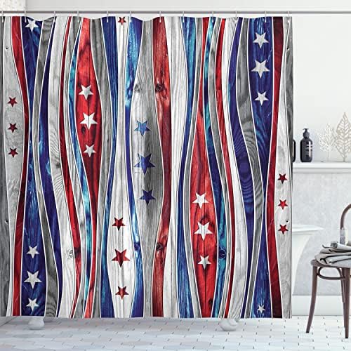 Cortina de chuveiro rústica de Ambesonne, listras de madeira de bandeira americana digital com imagem ornamentada