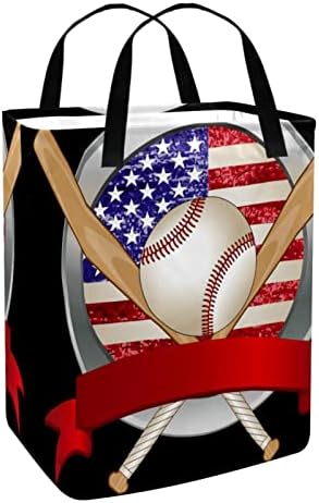 Baseball com bandeira americana Padrão de impressão de estampa de lavanderia dobrável, cestas de lavanderia à prova