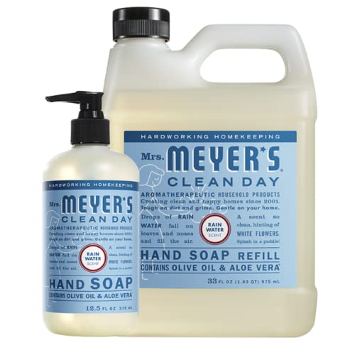 A Sra. Meyers Liquid Hand Reabilting e garrafa de dispensador, aroma de água da chuva, conjunto inclui