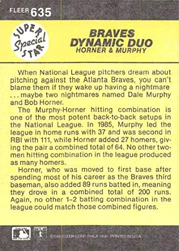 1986 Fleer Baseball 635 Bob Horner/Dale Murphy Atlanta Braves Braves Dinâmica Oficial MLB Card