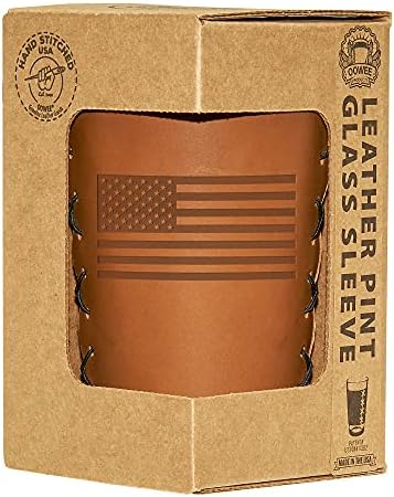 Produtos Oowee | American Flag Leather Pint Glass Holder/Sleeve | Conjunto de caixas | Vem com vidro | Se