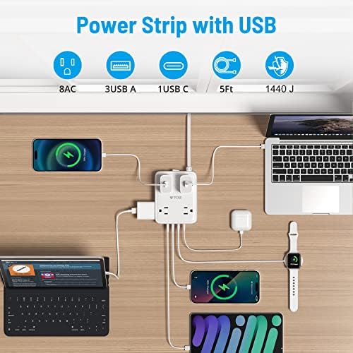 Surge Protector Power Strip with USB, Trond Ultra Fin Plug Flat 5ft Cord 1625W, 3 USB A e 1 USB C, 8AC Sontagens 1440J Montagem de parede de proteção para o escritório em casa, Branco, White