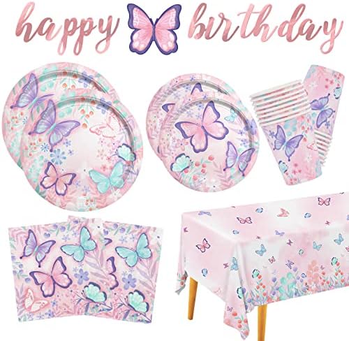 Butterfly Birthday Party Supplies Placas de papel descartáveis ​​guardanapos Toel de mesa e banner