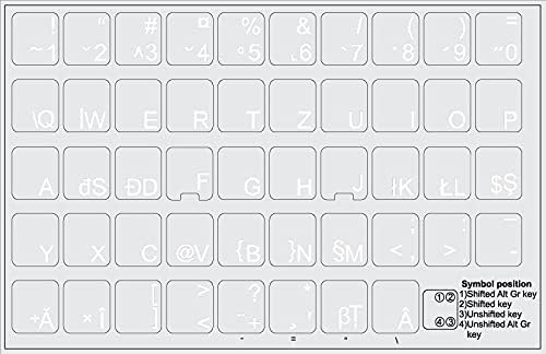 Etiquetas de teclado romeno com letras brancas sobre fundo transparente para desktop, laptop e caderno