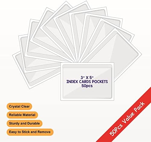 Clear adesivo 3 x 5 bolsos de cartão de índice com superior aberto para carregamento, 50 pacotes, portadores