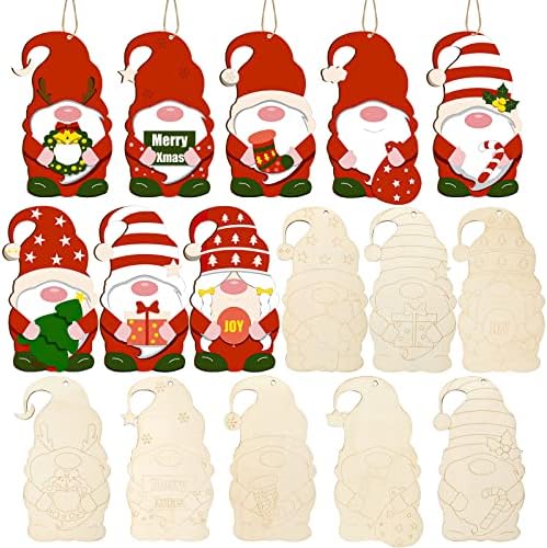 24 peças Diy Christmas Gnome Gnome pendurado Ornamentos Decorações de madeira inacabadas com cordões