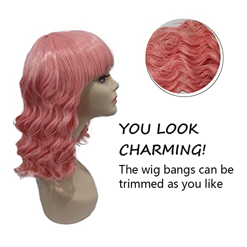 Peruca rosa vaajee, peruca de onda curta curta de 14 polegadas com franja cosplay rosa sintético perucas para mulheres