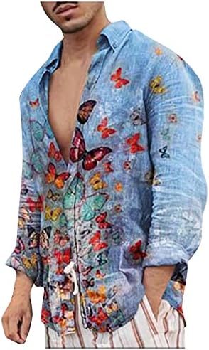 Camisas de linho de algodão ubst para homens, botão de outono para baixo de manga comprida pássaros