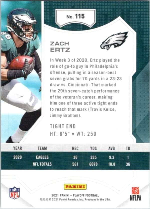 2021 Playoff 115 Zach Ertz Philadelphia Eagles NFL Football Trading Card