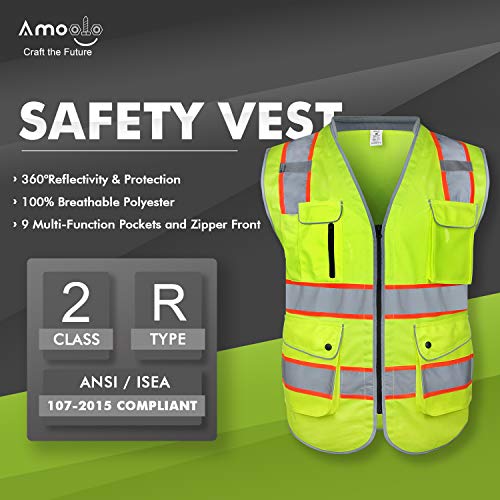 colete de segurança da Amoolo com 9 bolsos, zíper e pescoço acolchoado, colete refletivo de alta visibilidade,