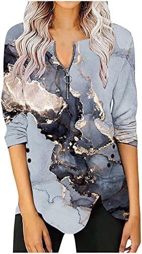 Camisas irregulares da bainha para mulheres entalhadas na fenda lateral de manga comprida Tops de zíper tampos de mármore texturizam blusas henley
