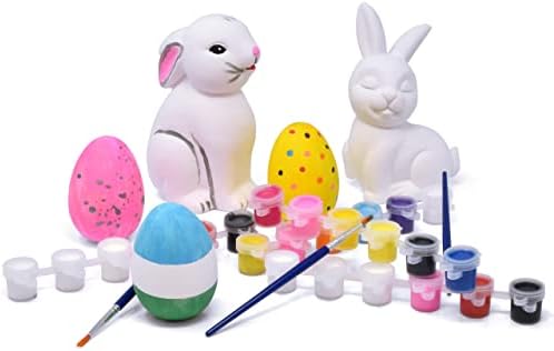 Conjunto de 5 ovos de Páscoa de cerâmica e coelhos estatuetas kit de artesanato de tinta kit de