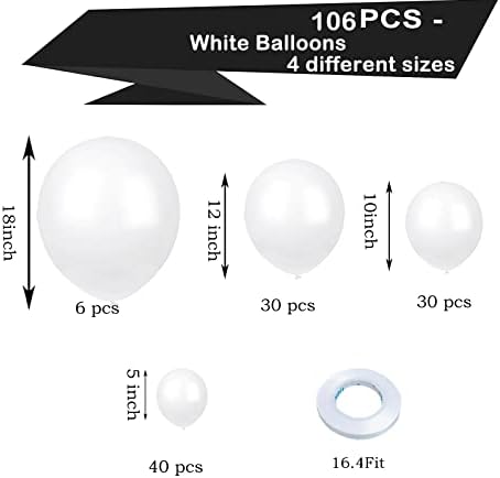 Balões brancos, kit de arco de guirlanda de balão branco de 106pcs com 18+12+10+5 polegadas de tamanhos