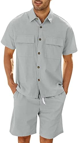 Homens de 2 peças camisas de linho conjuntos de roupas de praia de verão botão de manga curta para baixo camisa
