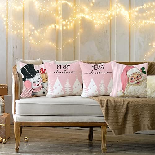 Capas de travesseiros de decoração de Natal 18x18 Conjunto de 4 listras rosa Santa Snowman Snowflake Feliz
