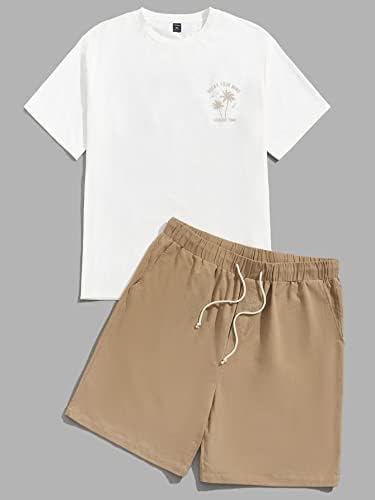 Roupas de duas peças para homens slogan e tee de impressão tropical e shorts de cintura de cordão