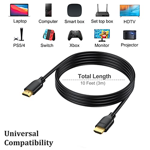 UVOOI 4K HDMI Cable 10 FT 2-Pack, HDMI Cord 10 Foot High Speed ​​HDMI to HDMI Cable 4K@60Hz, 2K 1440P@144Hz,